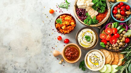 A vibrant spread of healthy Mediterranean food with vegetables, hummus, and breads, displayed on a marble background.