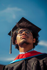 Wall Mural - Wide Lens Perspective, Graduate Caucasian Man Amid Clear Sky-Blue