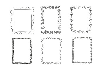 Frames ink sketch. Vector illustration on isolated background. Set with black simple line border doodle square floral frame elements, decorative design for banner, card, paper, template, poster