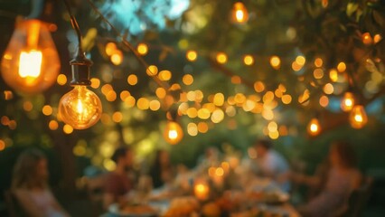 Wall Mural - A group of people are sitting around a table with a bunch of lights hanging above them. The lights are yellow and create a warm and inviting atmosphere. The people are enjoying a meal together