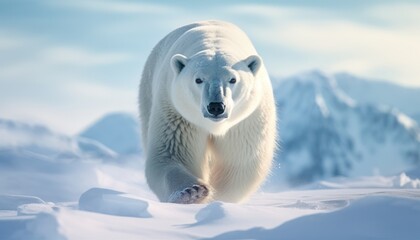 Polar bears walks in extreme winter weather, standing above snow with a view of the frost mountains