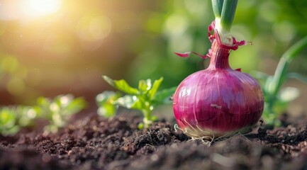 Wall Mural - Planting an onion bulb in the soil outdoors