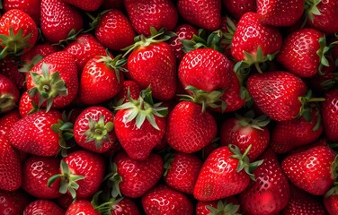 A close-up view of a large number of beautiful and red fresh farm strawberries in a basket for sale or business