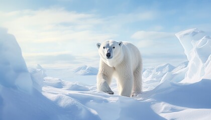 Polar bears walks in extreme winter weather, standing above snow with a view of the frost mountains