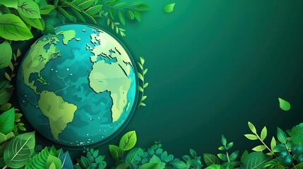 Poster - Earth day ecology concept background. Design with globe map drawing and leaves