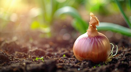 Wall Mural - Planting an onion bulb in the soil outdoors