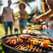 © tiena - Close-up BBQ food. Group of friends having barbecue party outdoors. AI generated