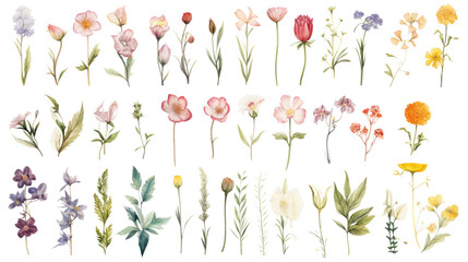 Wall Mural - set of watercolor wildflowers painting isolated on clear png background and transparent background. 