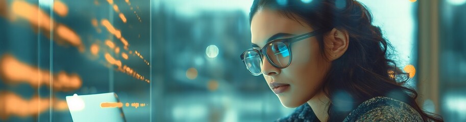 Focused female programmer working diligently on computer code in a modern office space. Her glasses reflect the cityscape as she types away, showcasing her technical skills in the tech industry