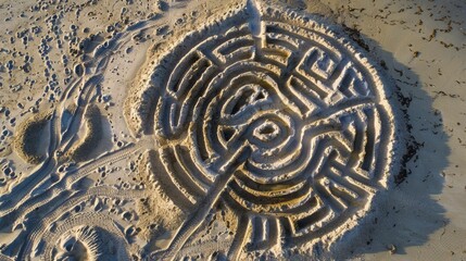 A mesmerizing sand labyrinth, created on a beach, with intricate patterns resembling a work of art. The aerial view captures the harmonious blend of natural materials and landscape AIG50