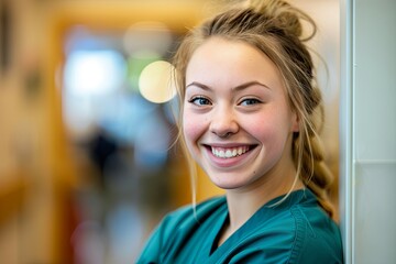 Smiling young female healthcare professional in clinical setting