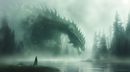 Wall Mural - A person in a cloak stands near a misty lake, facing a gigantic, menacing dragon with sharp spines and a fierce expression. The scene is set in a foggy forest