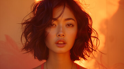 Wall Mural - A close-up portrait of a woman with short, wavy hair, illuminated by warm, orange lighting. The background is blurred, creating a soft and dreamy atmosphere.