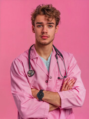 Wall Mural - Portrait of a male doctor in a medical gown on a pink background. Medical specialist in the clinic.