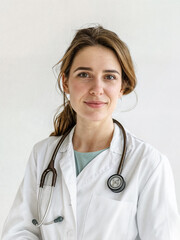 Wall Mural - Portrait of a female doctor in a medical gown on a white background. Medical specialist in the clinic.