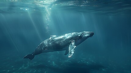 Wall Mural - A humpback whale swimming in the ocean, blue water, underwater photography, in the style of national geographic photography.
