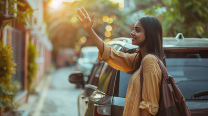 Canvas Print - indian girl waving good bye to a car