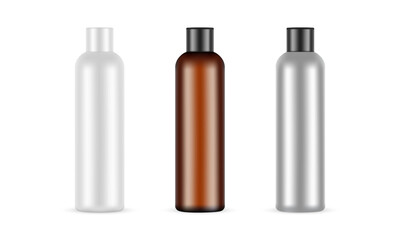 Wall Mural - Set Of Tall Cosmetic Bottles, Plastic, Amber, Metallic Mockups, Isolated on White Background. Vector Illustration