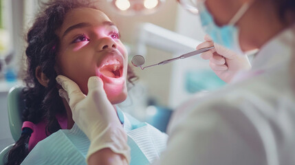 A happy woman receiving a dental check-up from a female dentist in a modern clinic. The patient is smiling brightly.