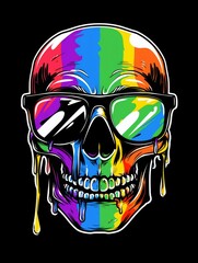 Wall Mural - A skull with rectangular glasses, rainbow slime dripping from the mouth, in the style of sticker art, vector style, black background