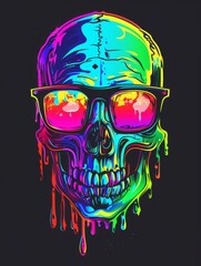 Wall Mural - A skull with rectangular glasses, rainbow slime dripping from the mouth, in the style of sticker art, vector style, black background, simple design