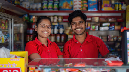 young indian couple working in grocery store