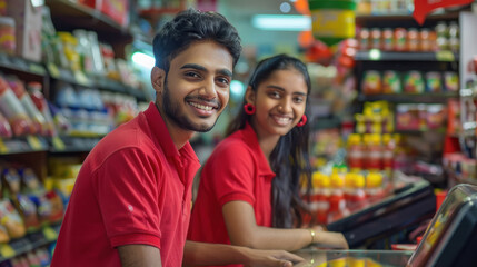 young indian couple working in grocery store