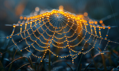 Dew Covered Spider Web Close Up