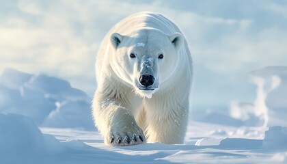 Polar bears walks in extreme winter weather, standing above snow with a view of the frost mountains