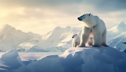 Polar bears walks in extreme winter weather, standing above snow with a view of the frost mountains