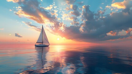 Wall Mural - Sailing yacht in the ocean at sunset. The boat is floating on calm water, with blue sky and clouds above it.

