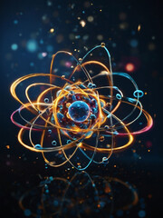 Conceptual illustration showcasing atoms with rotating electrons and protons in abstraction.