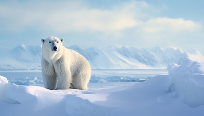 Polar bears walks in extreme winter weather, standing above snow with a view of the frost mountains