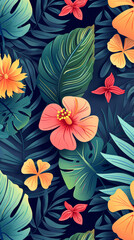 Sticker - a series of colorful, summer-themed patterns featuring tropical leaves and flowers, suitable for print on demand fabric and wallpaper backgrounds.