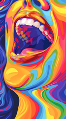 Sticker - illustration of a close-up, one person's joyful laughter, with colorful sound waves emanating to symbolize positivity.