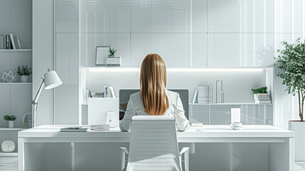 Poster - business activities, a corporate leader sets her station with methodical care, the simplicity of the workspace contrasting with the complexity of her role