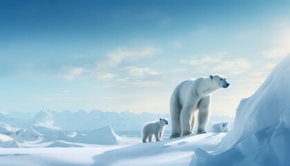 Polar bears walks in extreme winter weather, standing above snow with a view of the frost mountains