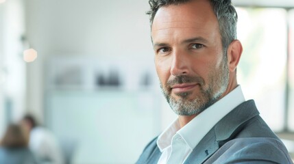 Poster - A man with a beard and gray hair wearing a suit and white shirt standing in an office with a window in the background.