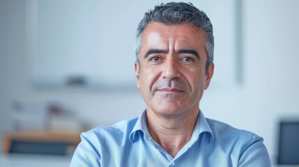 Poster - A man with a slight smile wearing a light blue shirt sitting in an office environment with a blurred background.