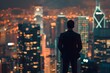 © Kakabe - Business executive contemplating over city skyline view, thoughtful and strategic, Editorial Photography style, realistic photography empowering and vibrant, feeling success