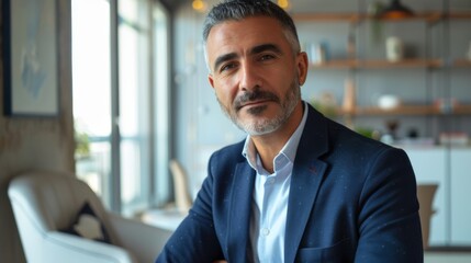 Wall Mural - A man with a beard and gray hair wearing a blue jacket and a white shirt sitting in a modern living room with a window view.