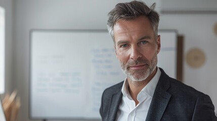 Poster - A man with a beard and graying hair wearing a suit and standing in front of a whiteboard with writing on it appears confident and professional.