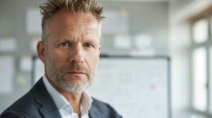 Poster - A man with a beard and graying hair wearing a suit and tie looking serious with a slight frown standing in an office with a whiteboard in the background.