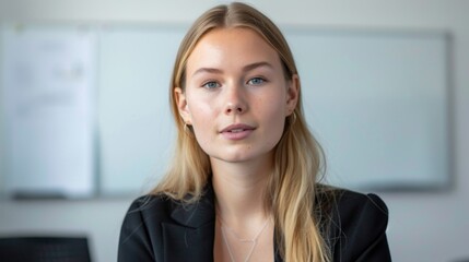 Wall Mural - Young woman with blonde hair and blue eyes wearing a black blazer and a delicate necklace seated in an office environment with a whiteboard in the background.