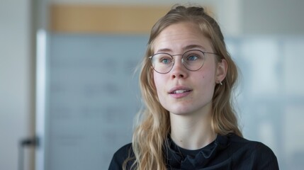 Sticker - Young woman with glasses wearing a black top looking slightly to the side with a thoughtful expression.