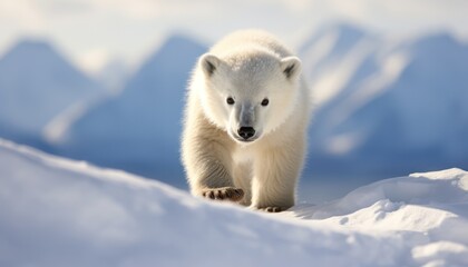 Polar bears walks in extreme winter weather, standing above snow with a view of the frost mountains