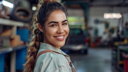 Poster - Young woman with a radiant smile wearing a light green shirt and a brown bag standing in a well-lit garage with various tools and equipment in the background.