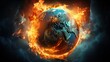 © John Martin - .Earth planet burning in flames on dark background. Concept of the end of the world and global warming. global warming concept. climate change. Burning and exploding planet Earth. The end of planet.