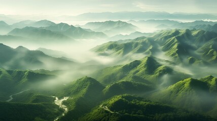 Wall Mural - a photograph of the peaceful morning landscape of misty mountain hills and dense forest, the fresh green hilltops emerging through the fog