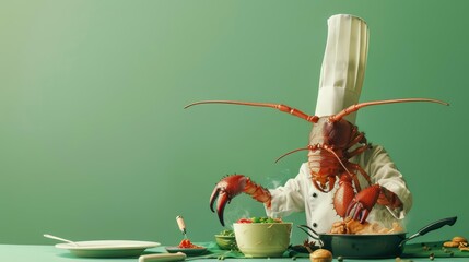 A centipede dressed in a chefs outfit, cooking a meal in a kitchen setting against a solid green background with copy space